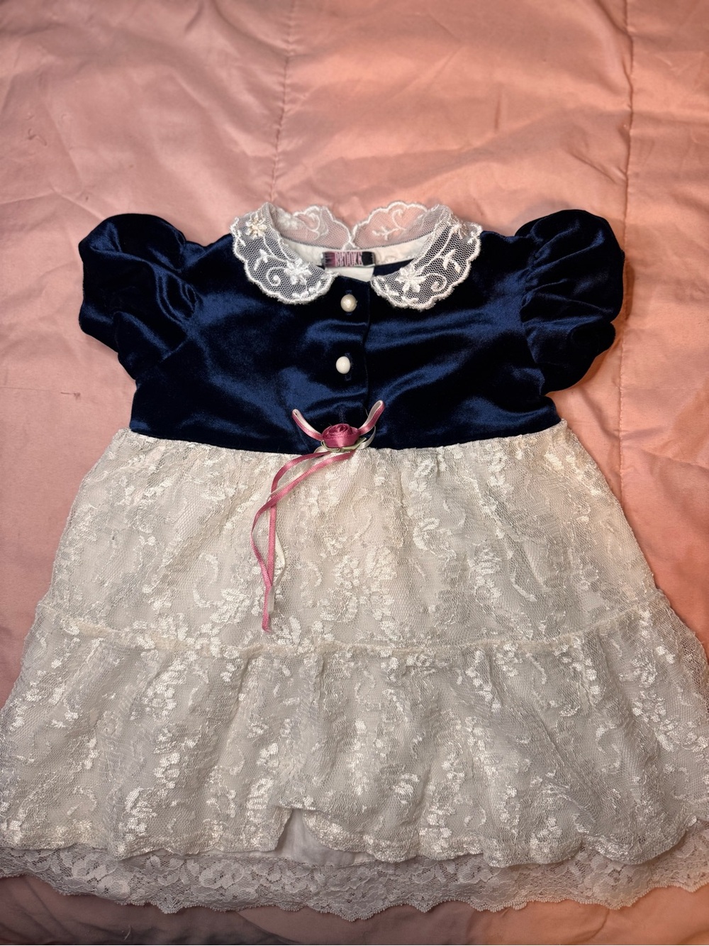 Vintage “Brooke Lindsay” velvet blue dress with white lace for girls